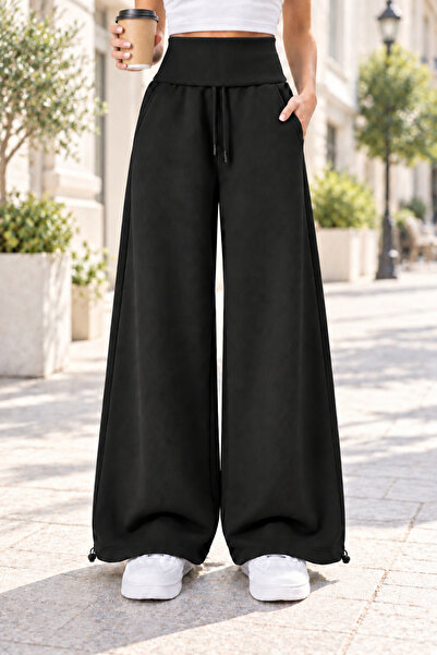 Moda Neval Black 3-Thread Ruffled Waist Folded Wide Leg Oversize Sweatpants