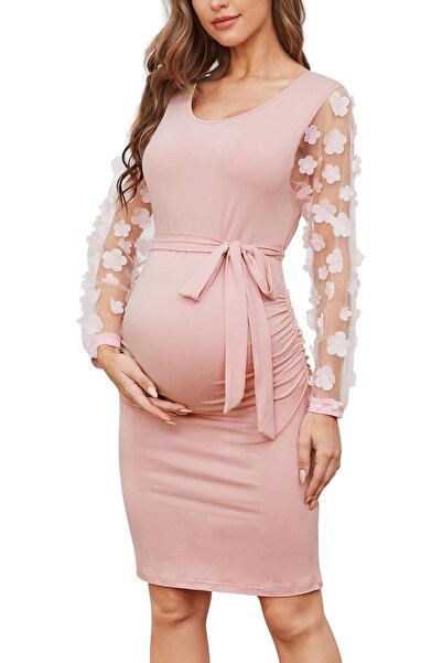GENERAL Floral Mesh Bishop Long Sleeve Maternity Midi Dress, Fall Maternity B...