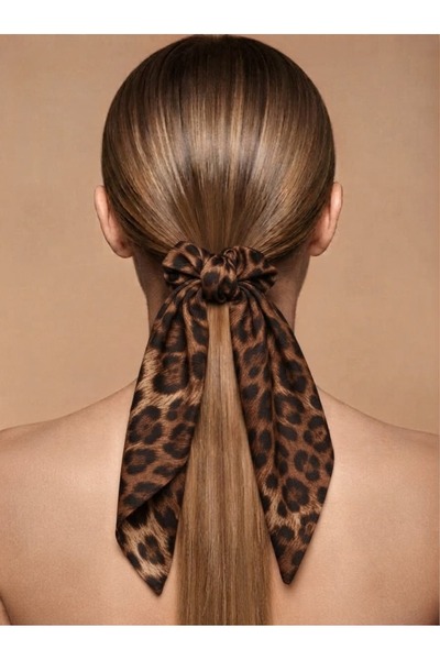 LİNACO Leopard Patterned Scarf with Rubber Buckle - Satin Scrunchie - Women's...