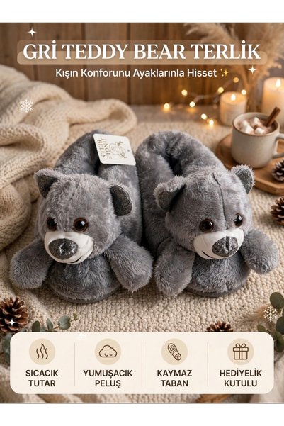 Gri Teddy Bear Peluş Ev Pandufu - Sevimli Ayıcık Figürlü Kışlık Hediyelik Ev Terliği