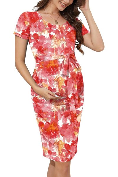 GENERAL Floral Mesh Bishop Long Sleeve Maternity Midi Dress, Fall Maternity B...