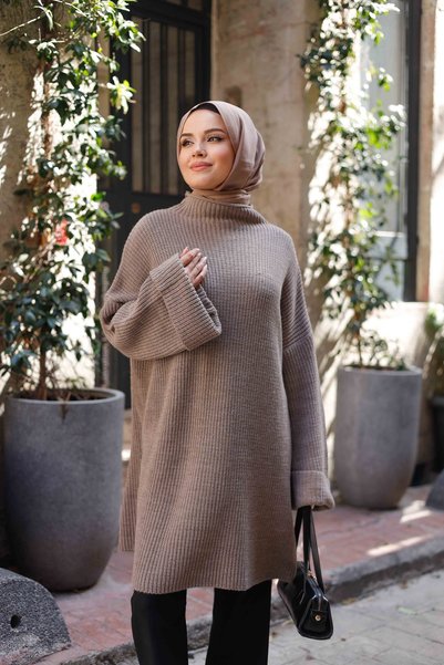MY QILAM Pulover oversize pentru femei, cu guler înalt, tricot elastic, stria...