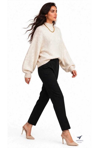 Freeista Cream Women's High Neck Bat Sleeve Oversize Knit Sweater
