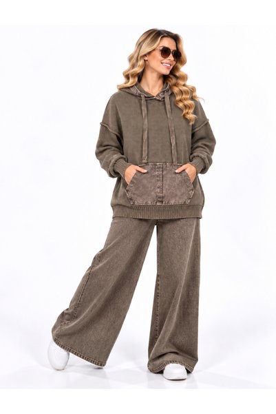 duygu altıntaş Women's Steel Knitted Hooded Sweater with Kangaroo Pocket