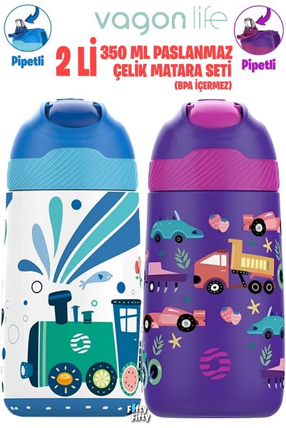 Vagonlife Set of 2 350 ml Children's Steel Flask with Straw Stainless Steel T...