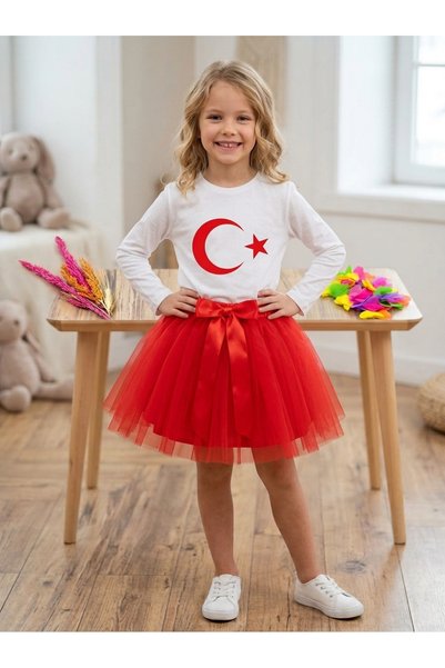 ÇLM STORE Long Sleeve Crescent and Star T-Shirt and Red Skirt