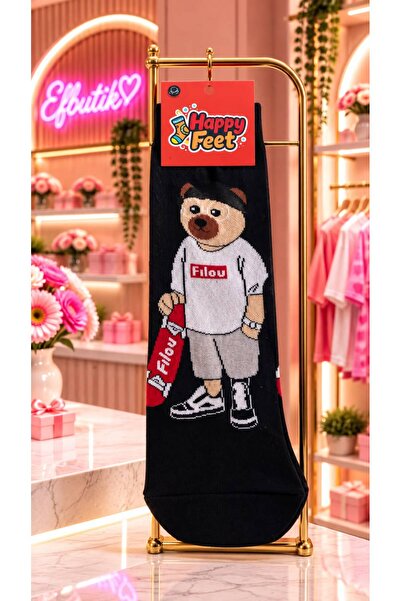 EFBUTİK Filou Bear Patterned Black Long Socks