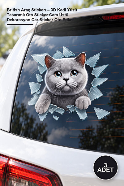 Yenilig 3 Pieces of British Car Stickers – 3D Cat Face Design Auto Sticker Wi...
