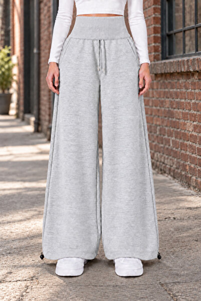Moda Neval Gray 3-Thread Ribbed, Curled Waist, Folded Wide Leg Oversize Sweatpants