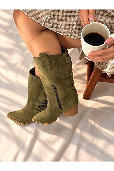 irmona Rodeo Khaki Calf Suede 6 cm Heel with Tassel Detail Women's Boots