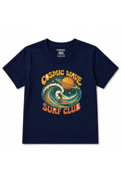 Rabona Fashion Cosmic Wave Surf Club Retro Space Surfer Graphic Kids T-Shirt