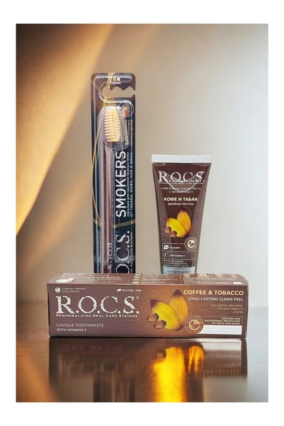 R.O.C.S. Whitening Toothpaste and Toothbrush Set Against Coffee & Tobacco Sta...