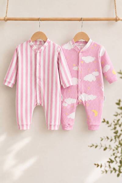 minova baby Kız Bebek 2’li Tulum Seti %100 Pamuklu Uzun Kollu Çıtçıtlı 3-6-9 Ay