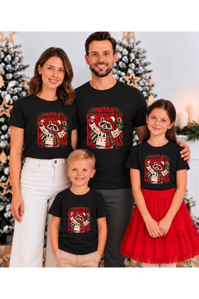 ASELİNDA Cheerful Christmas Raccoon and Fun Decorations Printed T-Shirt-Family Combination T-Shirt (Add Items to Make a Combination)
