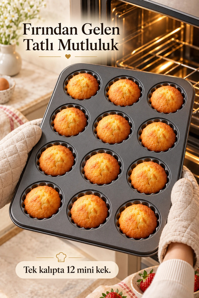 Tilbe Home 2'li Gül Kabartma 12'li Muffin Kalıbı Yapışmaz Cupcake Kek Kapsül Brownie Fırın Tepsisi Paslanmaz
