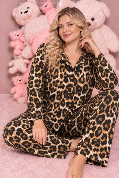 ELİTOL Gestricktes Damen-Pyjama-Set mit Leopardenmuster aus Wildleder, langär...