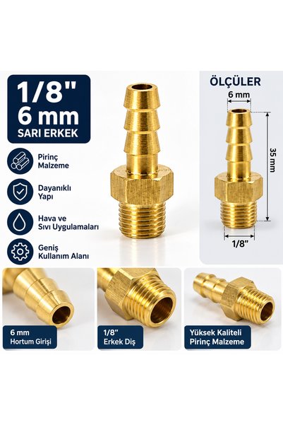 GDS 1/8” 6 mm Sarı Pirinç Erkek Hortum Rekoru – Tırtıklı Hortum Bağlantı Rakoru – Hava ve Su Bağlantı Nipeli