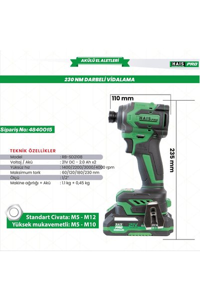 Hais PRO AKÜLÜ VİDALAMA DARBELİ 21V 2X4.0Ah RB-SD2108L
