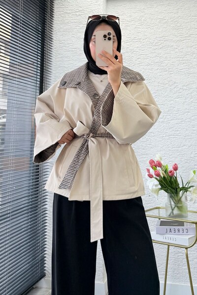 MELEK ARAZ Premium Double-Sided Stand Collar Gabardine Jacket – Beige