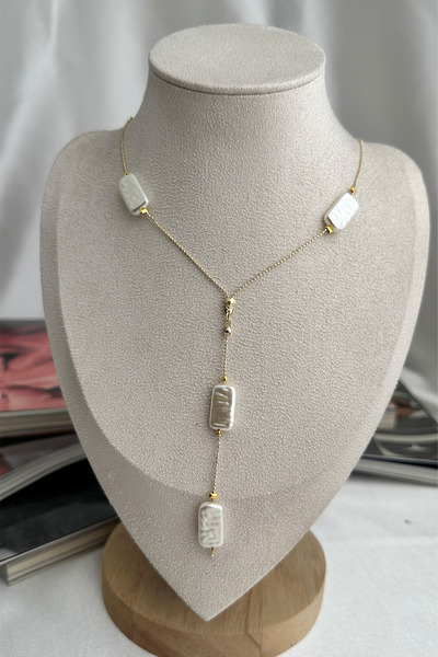 Modex Rectangular Pearl Detailed Y Necklace (40cm)