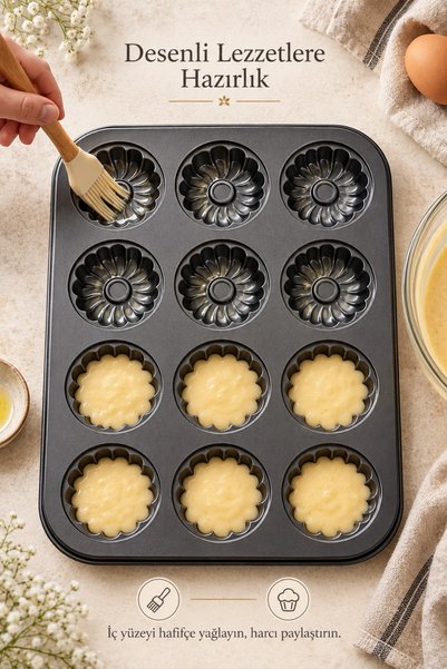 Tilbe Home 2'li Gül Kabartma 12'li Muffin Kalıbı Yapışmaz Cupcake Kek Kapsül Brownie Fırın Tepsisi Paslanmaz