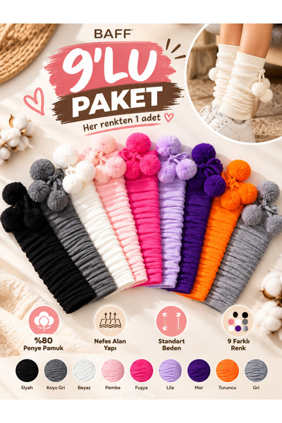 Baff Kadın Ponponlu Pamuklu Tozluk 9'lu Paket – 9 Farklı Renk Standart Beden
