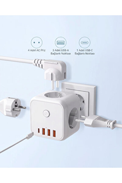 lstri kıllı Küp Priz 8'i 1 Arada Çoklayıcı, 4 AC Fiş Girişi + 3 USB + 1 Type-C Hızlı Şarj Portu, Güç Düğmeli Topraklı Priz Adaptörü