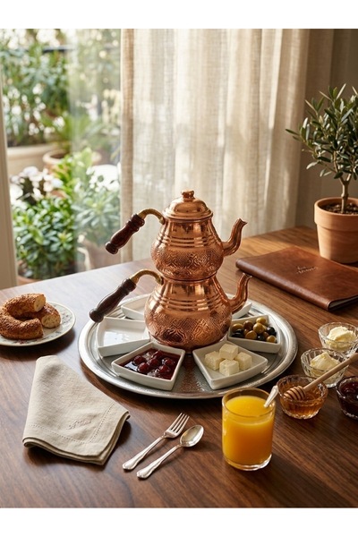 BARITCIOGLU Yellow Large Copper Teapot Breakfast Set Tray Plate