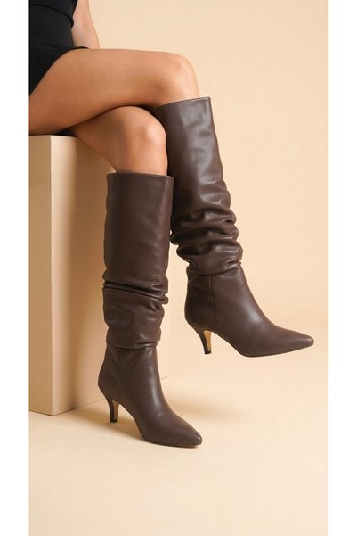 Moda Lime Women's Drawstring Detailed Pointed Toe Thin Heeled Long Boots