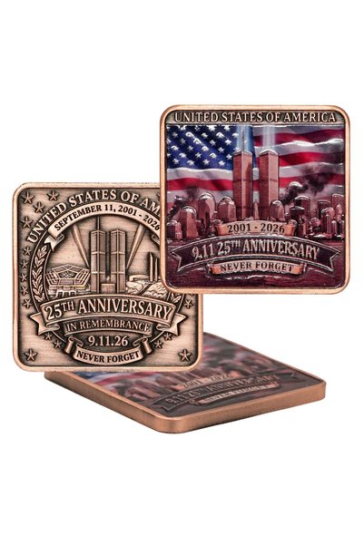 Generic 9/11 Remembered 25 Years Square Coin with 3D Eagle Embossed 5 Ounces