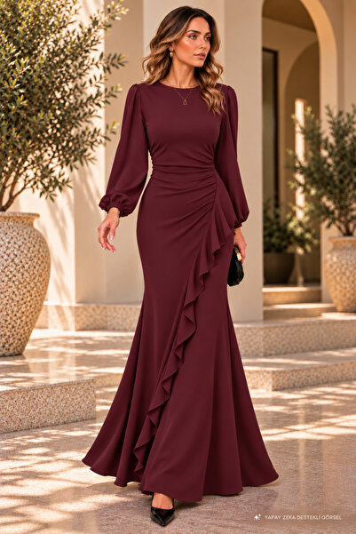 JANES Women's Long Sleeve Ruffle Fishtail Crepe Evening Dress for Wedding Hen...