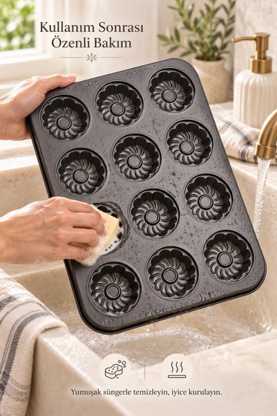 Tilbe Home 12'li Gül Kabartma Muffin Kalıbı Yapışmaz Cupcake Kek Kapsül Brownie Fırın Tepsisi Paslanmaz Siyah