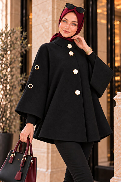 EBRUTESETTÜR Buttoned Cashmere Poncho Black