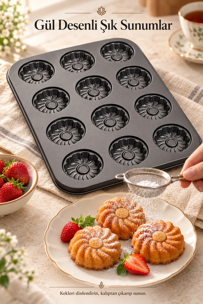 Tilbe Home 2'li Gül Kabartma 12'li Muffin Kalıbı Yapışmaz Cupcake Kek Kapsül Brownie Fırın Tepsisi Paslanmaz