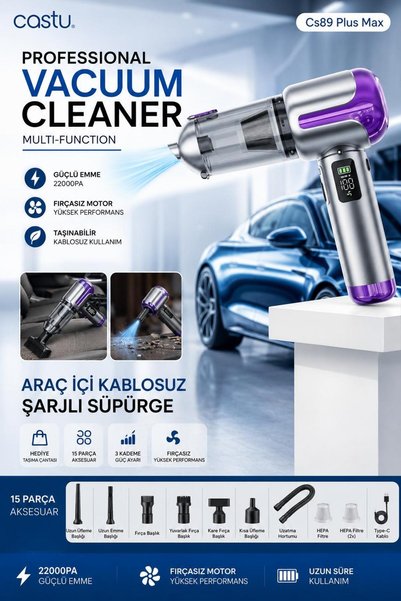 CASTU CS89 Plus Max 4’ü 1 Arada Kablosuz Araç Süpürgesi 22000PA Güçlü Çekim 15 Parça Aksesuar
