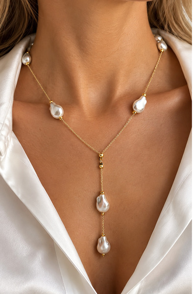 Modex Gold Color Baroque Pearl Detailed Dangle Elegant Y Necklace (40cm)