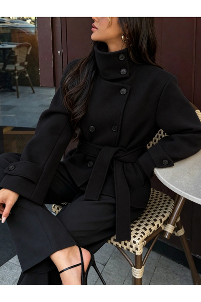 RosePearl Women's Stand Collar Short Cashmere Coat with Buttons, Belt, and Po...