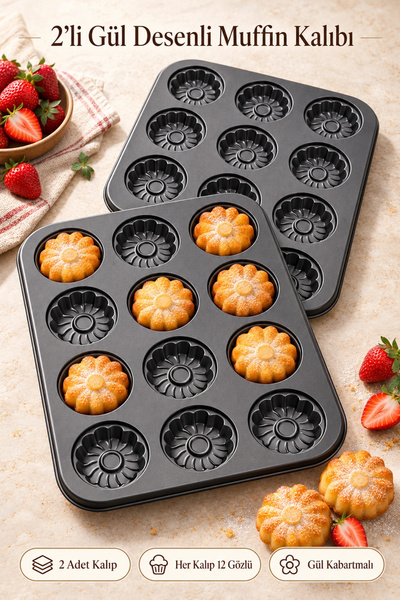 Tilbe Home 2'li Gül Kabartma 12'li Muffin Kalıbı Yapışmaz Cupcake Kek Kapsül Brownie Fırın Tepsisi Paslanmaz