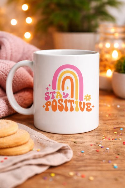 Generic Brand Stay Positive Design Porcelain Mug Model 144 – Colorful Rainbow Pattern, Motivational Coffee &