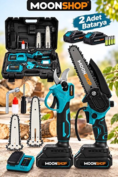MOONSHOP 21V 2'li Set Çift Akülü Çelik Şanzıman Şarjlı Dal Budama Makası & Şa...