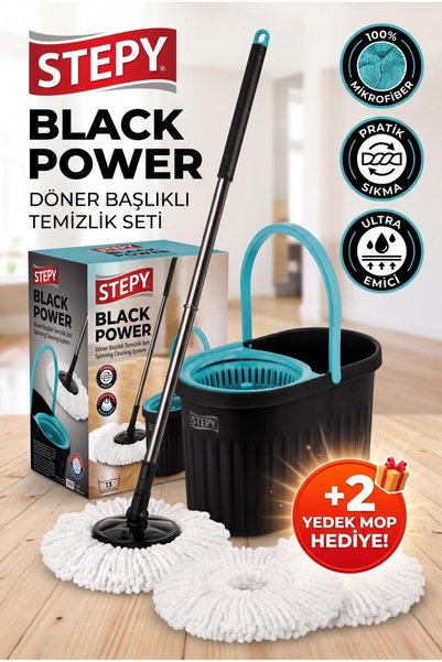 STEPY Black Power Döner Başlıklı Temizlik Kova Seti 2 Yedek Mop