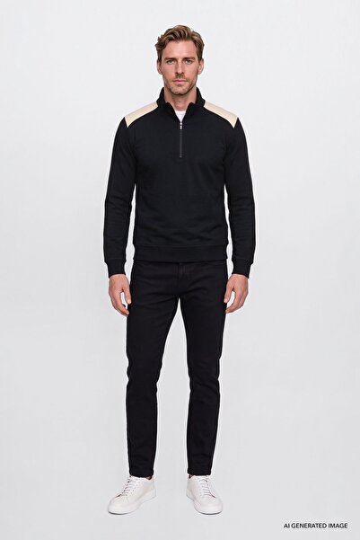 AC&Co / Altınyıldız Classics Erkek Siyah 2 İplik Standart Fit Normal Kesim Bato Yaka Sweatshirt