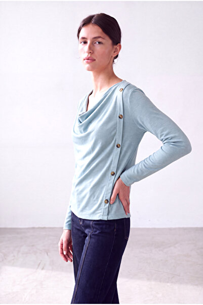 WESTMARK LONDON Mint Women's Mint Viscose Draped Collar Long Sleeve Button De...
