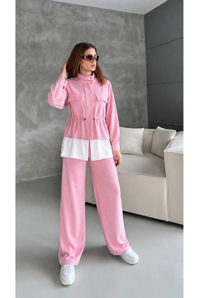 ONE WAY FASHION Women's Modest Cotton Two-Piece Set - Zip-Up Jacket and Wide-...