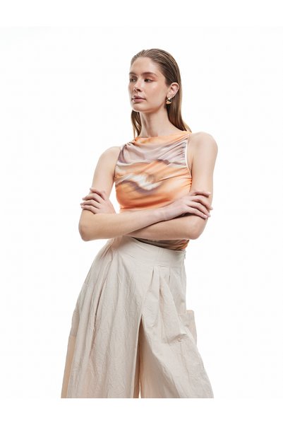 Koton Drapeli Crew Neck Tie-Dye Patterned Sleeveless Tulle Blouse