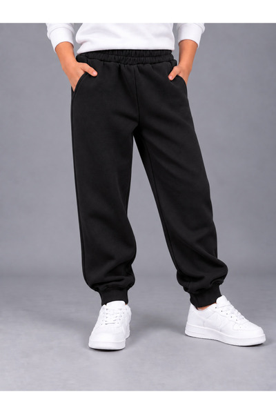 KİDSPİTİRCİK Pantaloni de trening negri unisex pentru copii, 3 fire, fără cus...