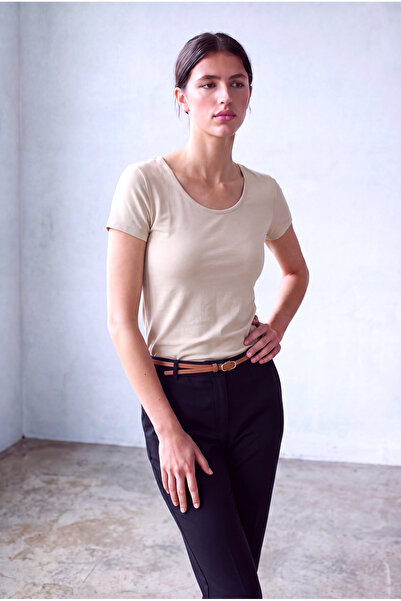 WESTMARK LONDON Stone Color Women's Stone Color Cotton Wide Crew Neck Short S...