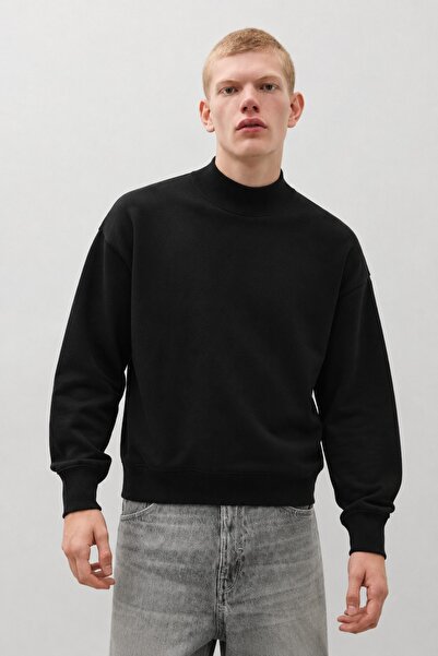 DAMGA JEANS Pulover negru de bază cu guler înalt supradimensionat pentru bărbați