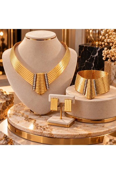 Liacharm Taş Detaylı Gold Trabzon Hasırı Model Takı Seti – Gerdanlık, Bilekli...