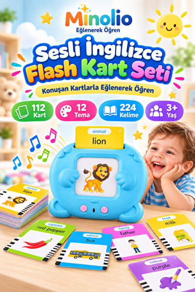 Minolio Sesli İngilizce Flash Kart Seti Mavi– 112 Kart Erken Eğitim ve Kelime...